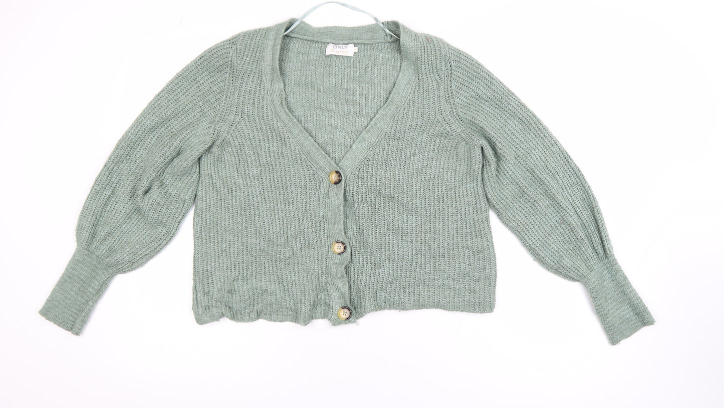 ONLY Women’s Green Chunky Knit V-Neck Balloon Sleeve Cardigan M