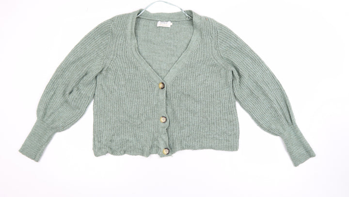 ONLY Women’s Green Chunky Knit V-Neck Balloon Sleeve Cardigan M