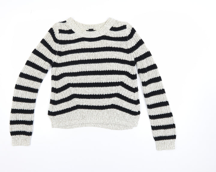 H&M Womens Black & White Striped Knit Jumper XS Classic Crew Neck