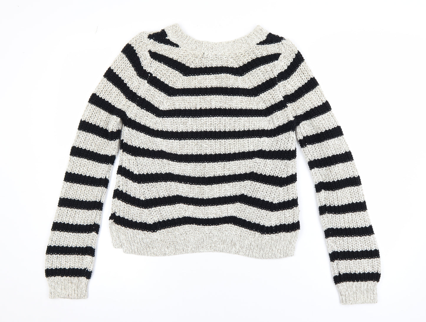 H&M Womens Black & White Striped Knit Jumper XS Classic Crew Neck