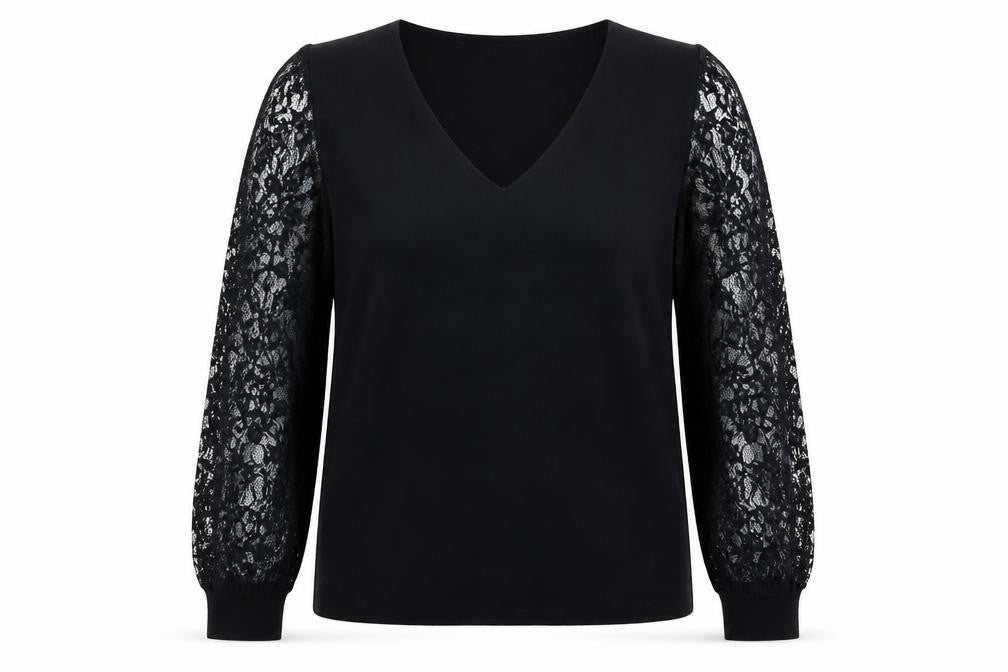 Front view of Pour Moi Women's Black Lace Sleeve V-Neck Jumper, size 18