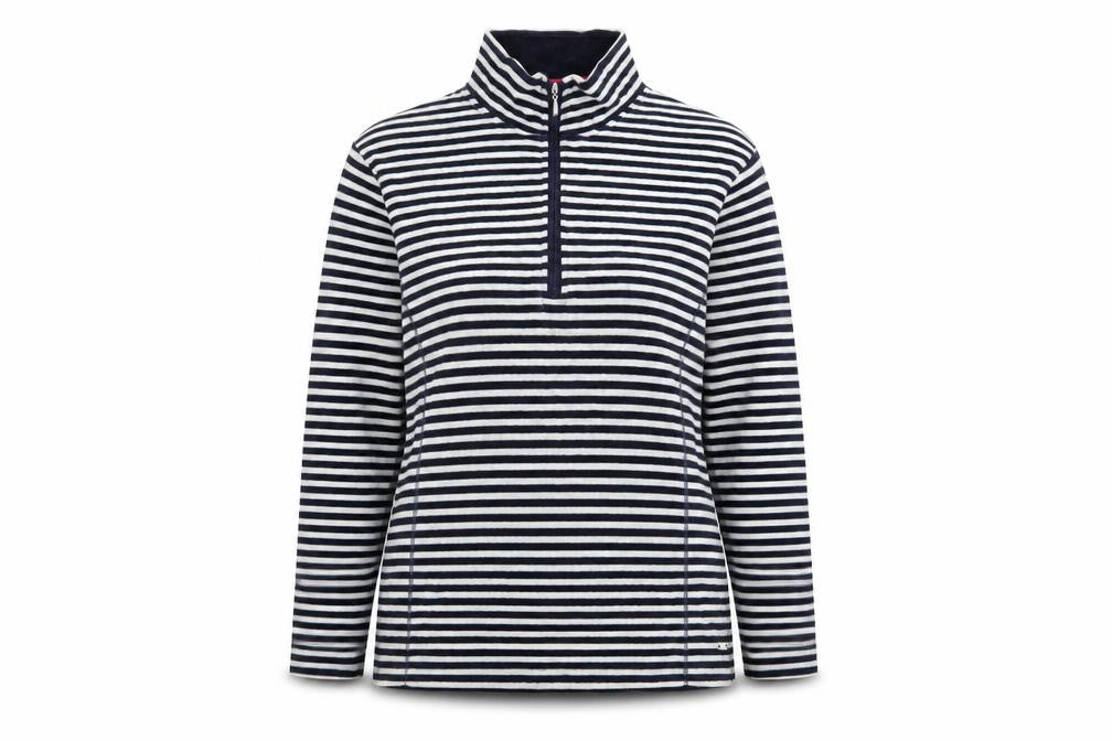 Front view of Dash Women’s Navy Stripe 1/2 Zip Pullover Sweatshirt, size UK 20