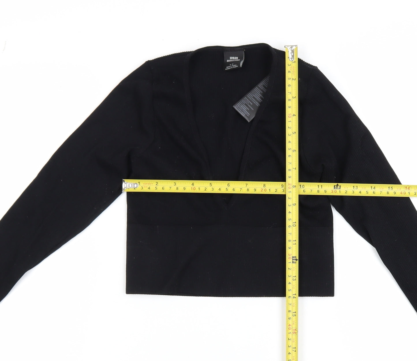 Urban Outfitters Women's Black Cropped V-Neck Long Sleeve Top S