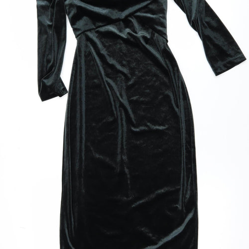 Zara Women Black Velvet Off Shoulder Midi Bodycon Dress Size 8