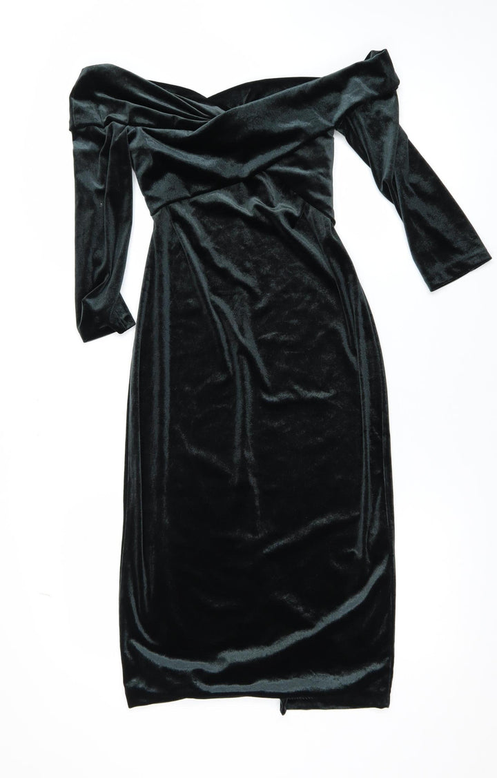 Zara Women Black Velvet Off Shoulder Midi Bodycon Dress Size 8