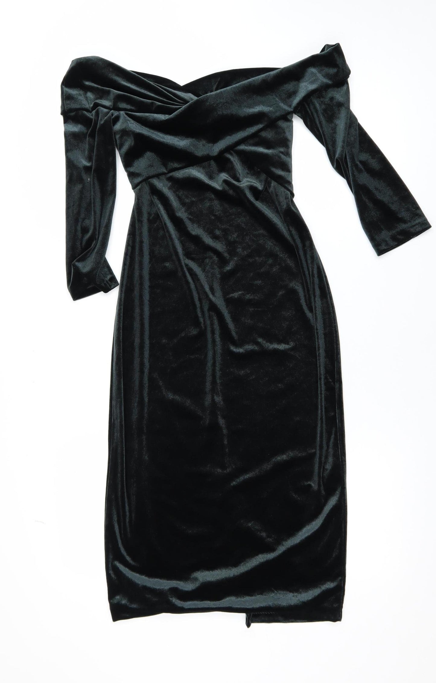 Zara Women Black Velvet Off Shoulder Midi Bodycon Dress Size 8