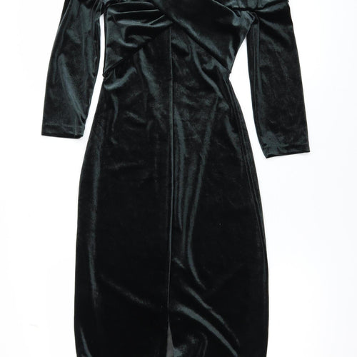 Zara Women Black Velvet Off Shoulder Midi Bodycon Dress Size 8