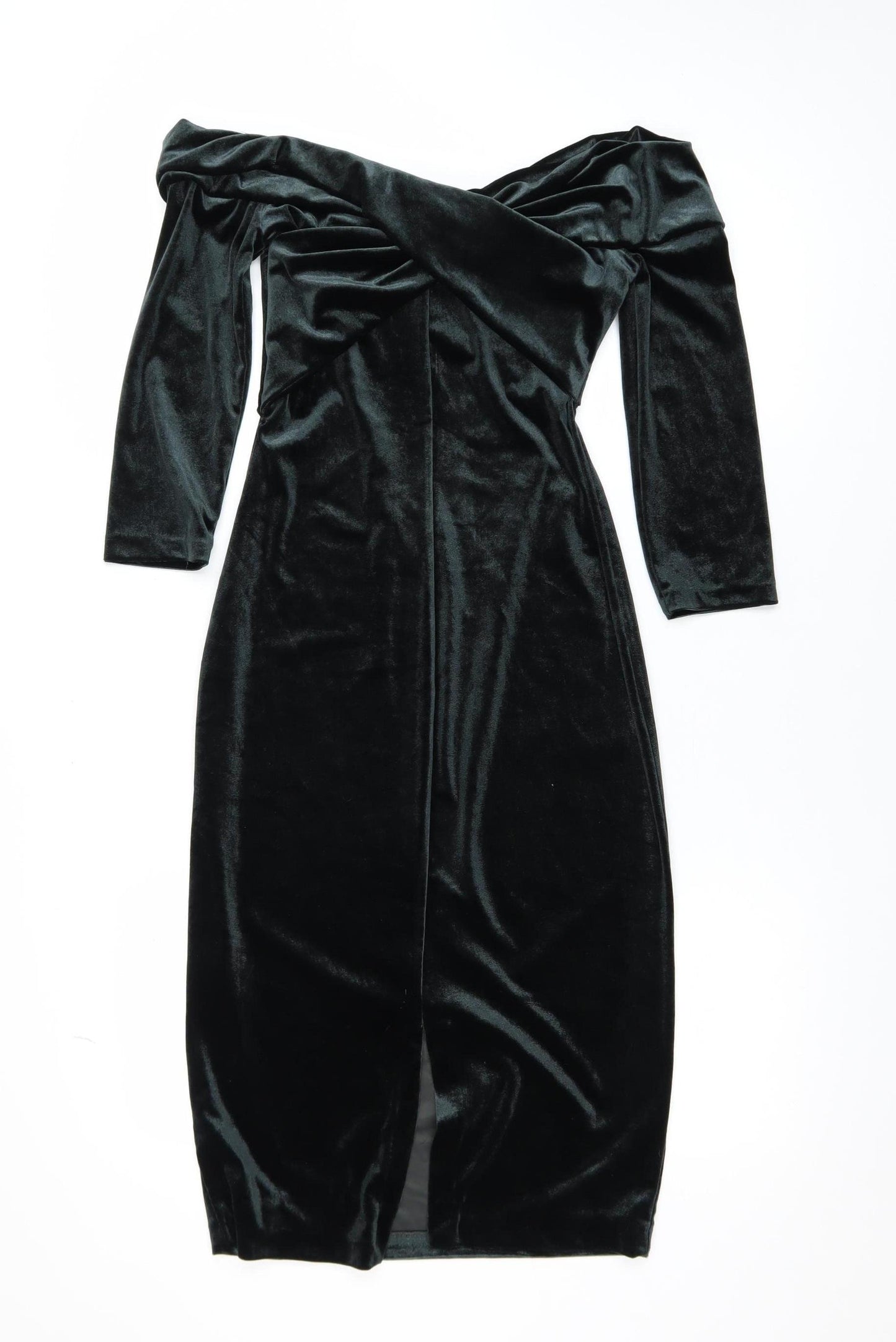 Zara Women Black Velvet Off Shoulder Midi Bodycon Dress Size 8