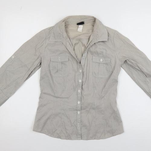 H&M Women Grey Striped 3/4 Sleeve Collared Button-Up Shirt Size 8
