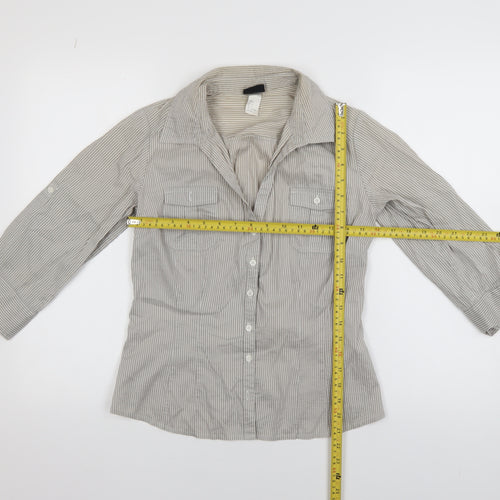 H&M Women Grey Striped 3/4 Sleeve Collared Button-Up Shirt Size 8