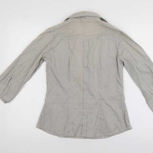 H&M Women Grey Striped 3/4 Sleeve Collared Button-Up Shirt Size 8