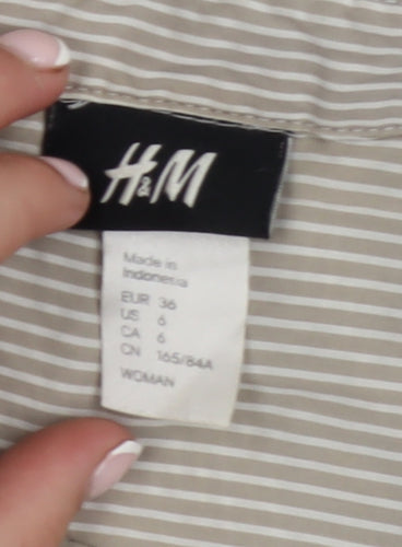 H&M Women Grey Striped 3/4 Sleeve Collared Button-Up Shirt Size 8