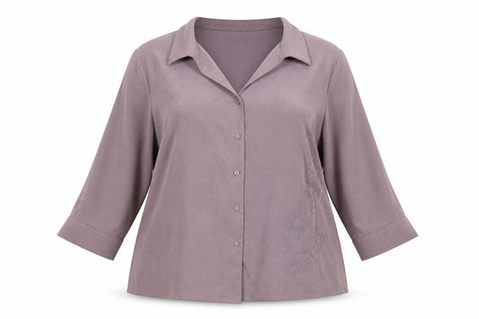 Front view of Essence women’s purple 3/4 sleeve collared blouse, size UK 24