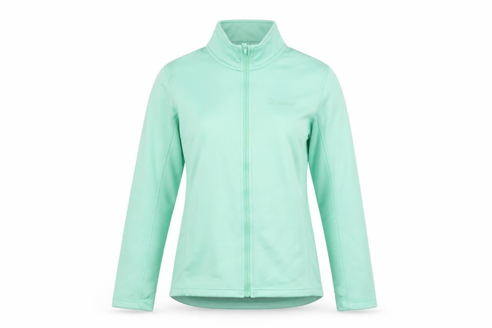 Front view of The Edge Women’s Green Soft Shell Jacket, size UK 14, Full Zip Lightweight