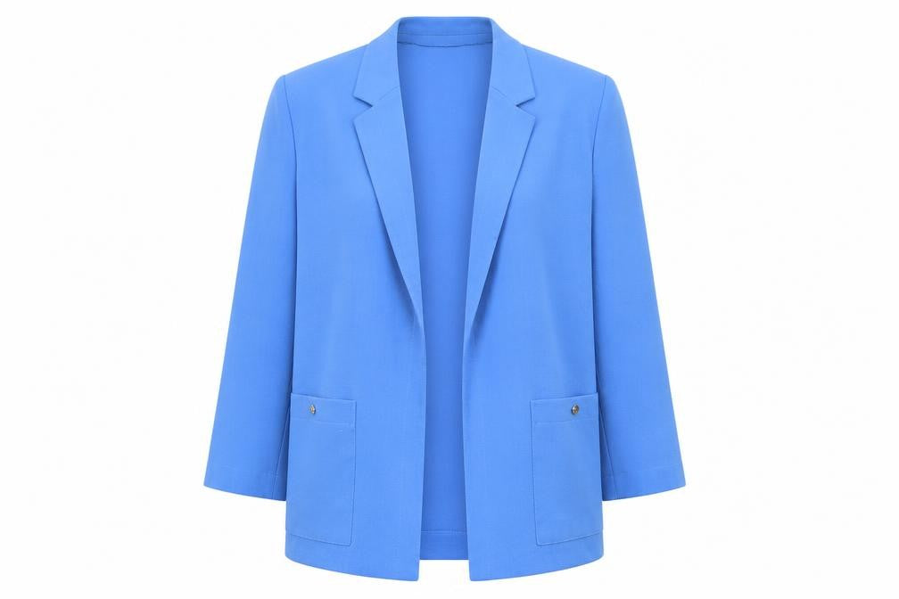 Front view of Eastex Women’s Blue Wool Blend Lined Blazer Jacket, size UK 14