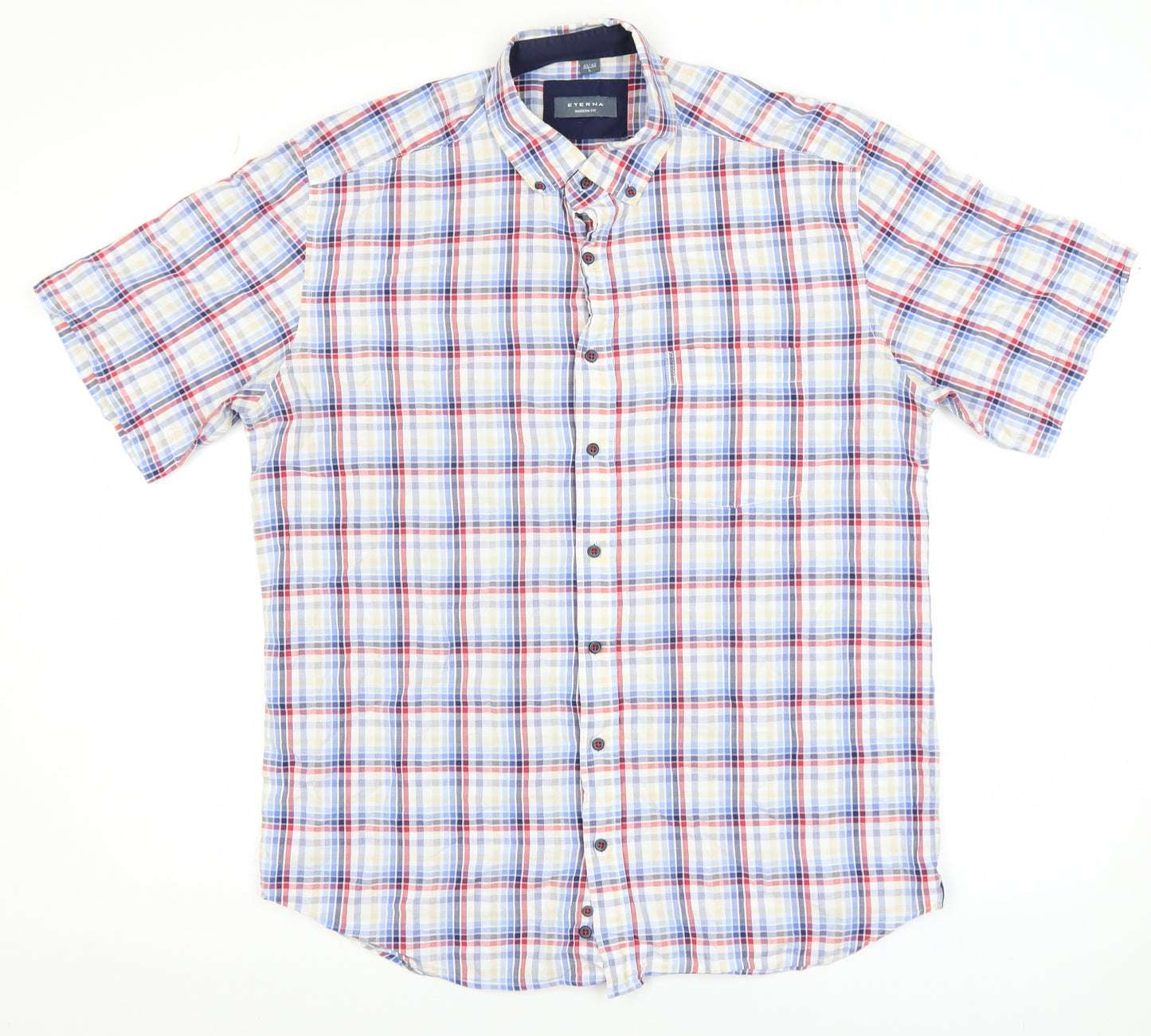 Eterna Men's Multicoloured Check Short Sleeve Button-Up Shirt L