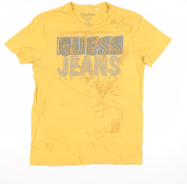 Guess Mens Yellow Graphic Logo T-Shirt Size M Cotton Crew Neck