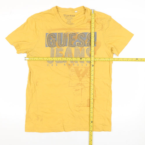 Guess Mens Yellow Graphic Logo T-Shirt Size M Cotton Crew Neck