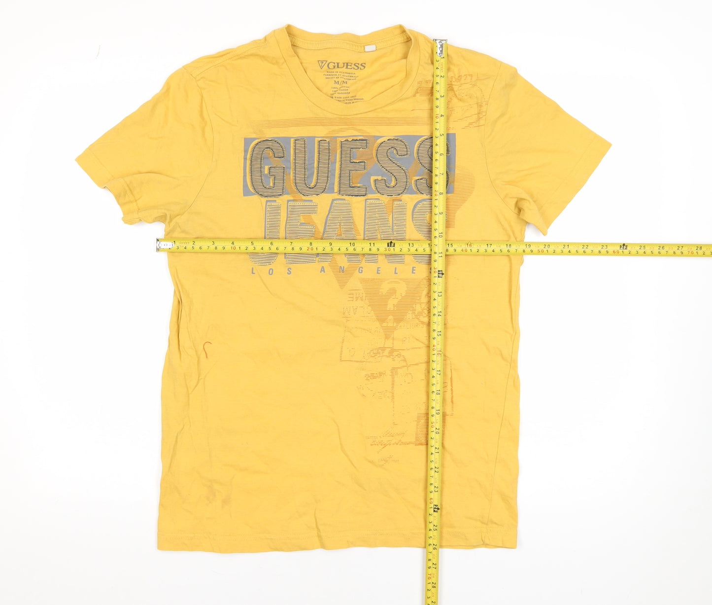 Guess Mens Yellow Graphic Logo T-Shirt Size M Cotton Crew Neck