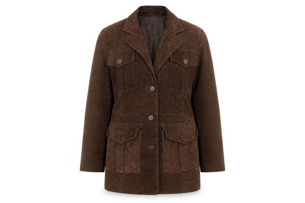 Front view of Genel Women's Brown Suede Long Overcoat, size 12, Classic Style