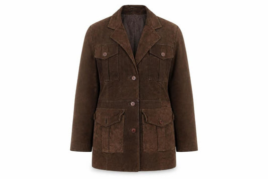 Front view of Genel Women's Brown Suede Long Overcoat, size 12, Classic Style
