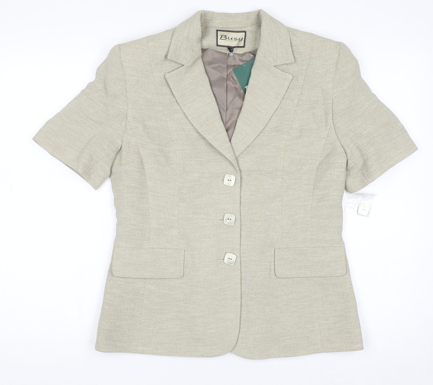 Busy Women Beige Short Sleeve Blazer Size 12 Classic Single-Breasted