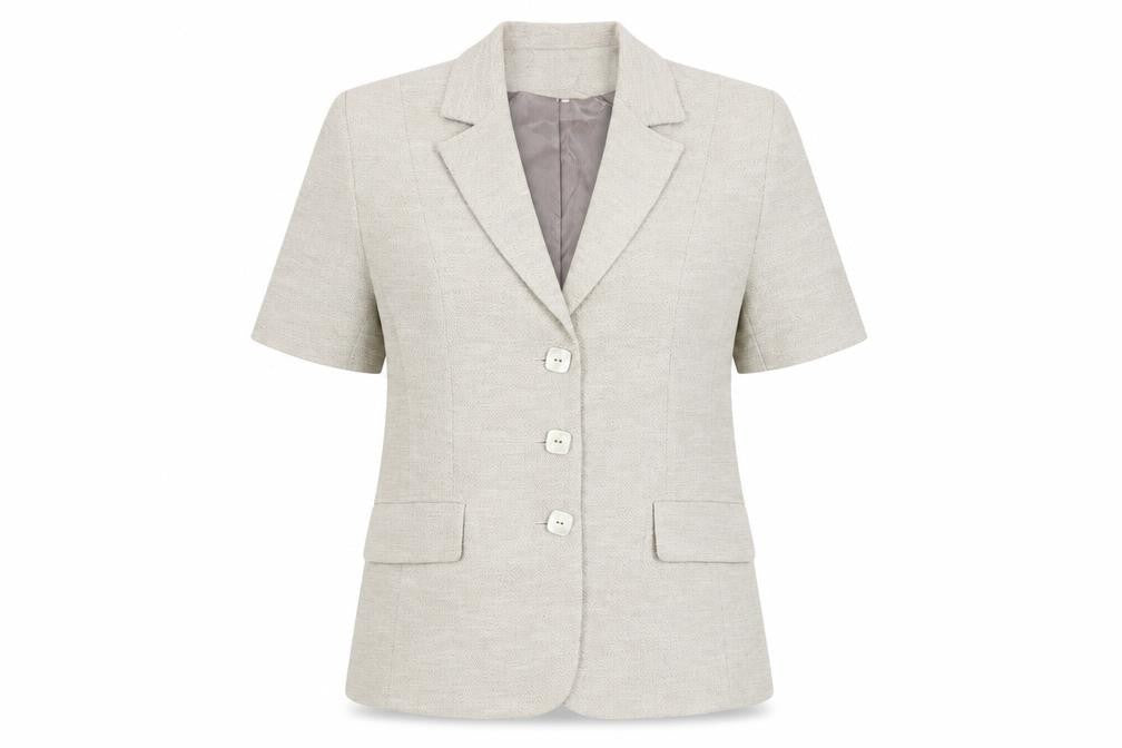 Busy Women Beige Short Sleeve Blazer Size 12 Classic Single-Breasted