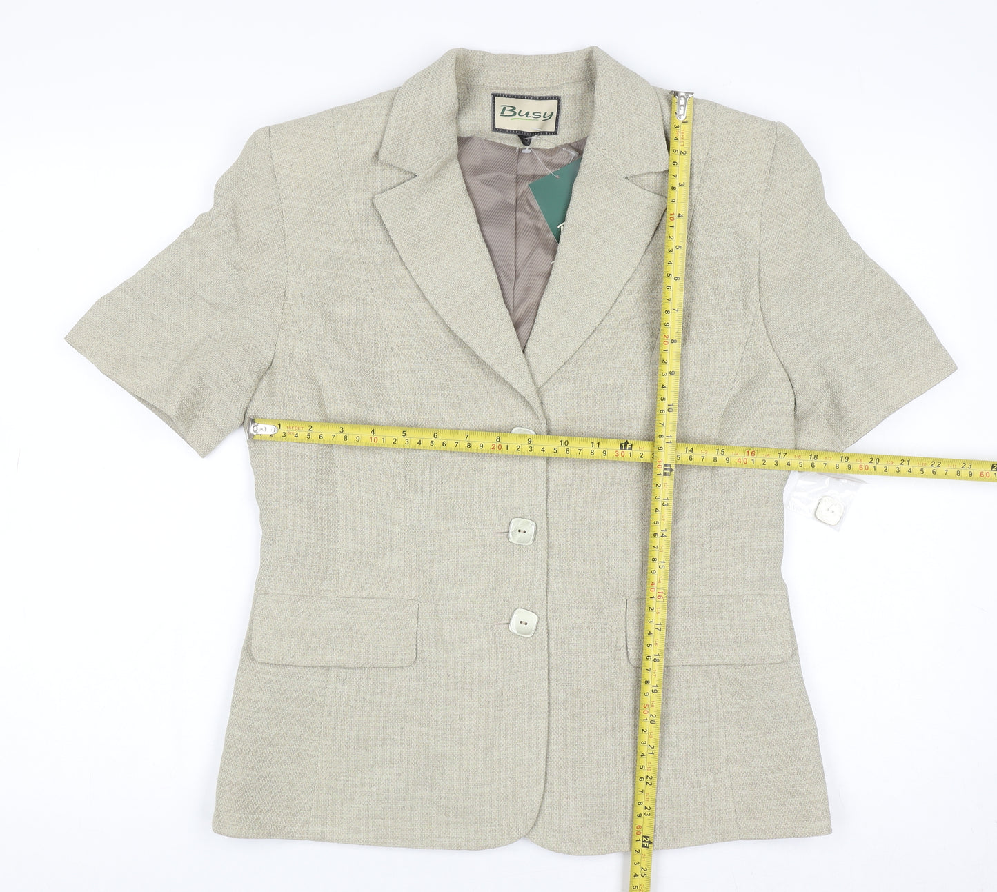 Busy Women Beige Short Sleeve Blazer Size 12 Classic Single-Breasted