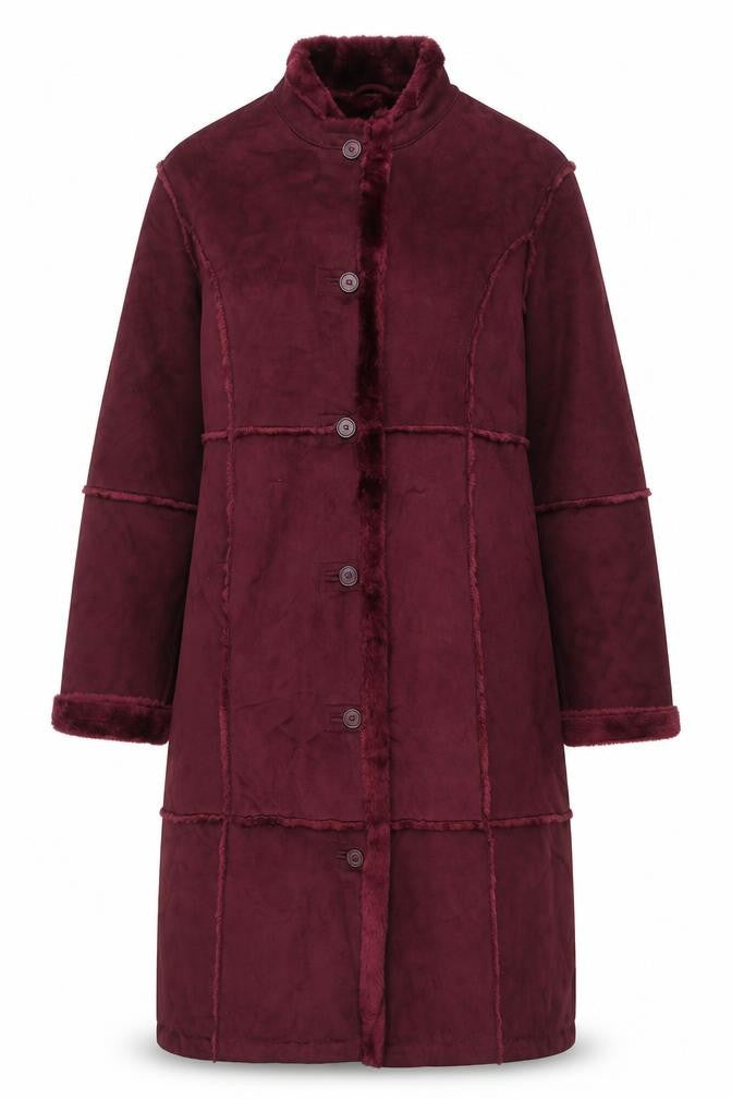 Front view of Centigrade women’s red faux fur lined long coat xl