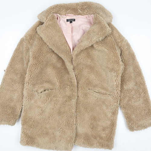 Topshop Women's Beige Faux Fur Mid-Length Coat Size 6
