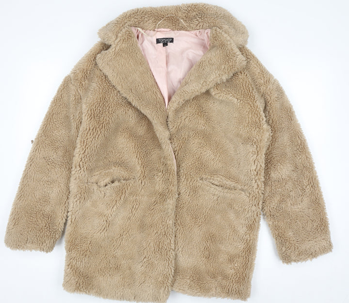 Topshop Women's Beige Faux Fur Mid-Length Coat Size 6