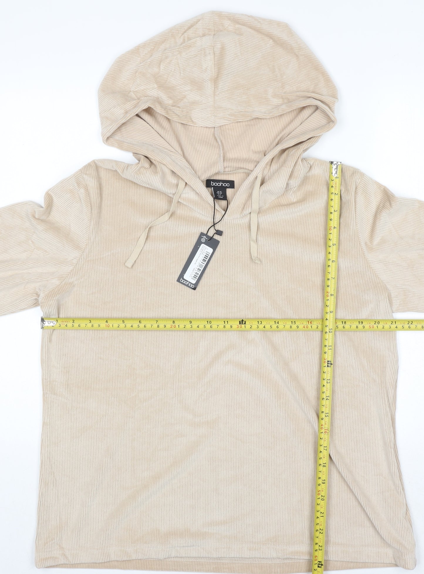 Boohoo Women Beige Corduroy Hooded Pullover Jumper UK 12