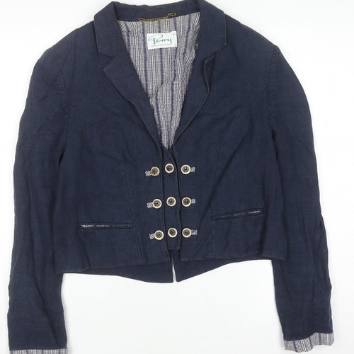 Perry Women Blue Linen Military Blazer Size 12 Cropped Jacket