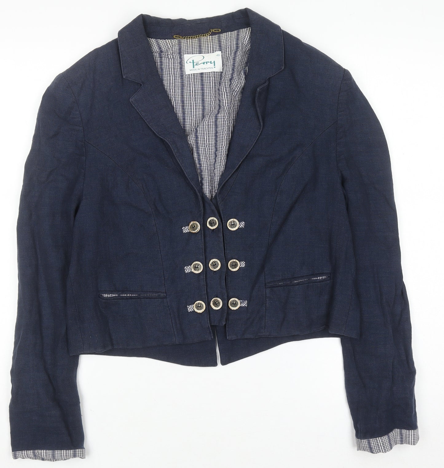 Perry Women Blue Linen Military Blazer Size 12 Cropped Jacket