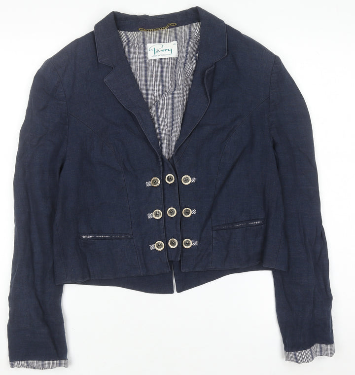 Perry Women Blue Linen Military Blazer Size 12 Cropped Jacket