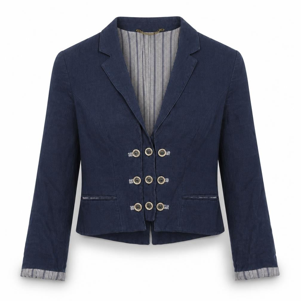 Front view of Perry Women Blue Linen Military Blazer, size 12, Cropped Jacket