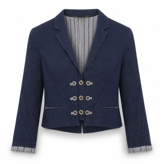 Front view of Perry Women Blue Linen Military Blazer, size 12, Cropped Jacket