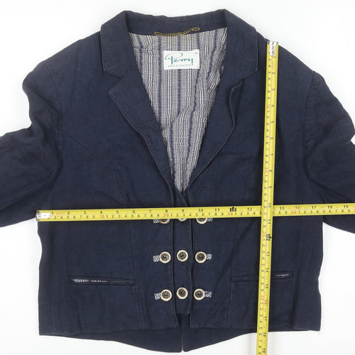 Perry Women Blue Linen Military Blazer Size 12 Cropped Jacket