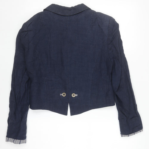 Perry Women Blue Linen Military Blazer Size 12 Cropped Jacket