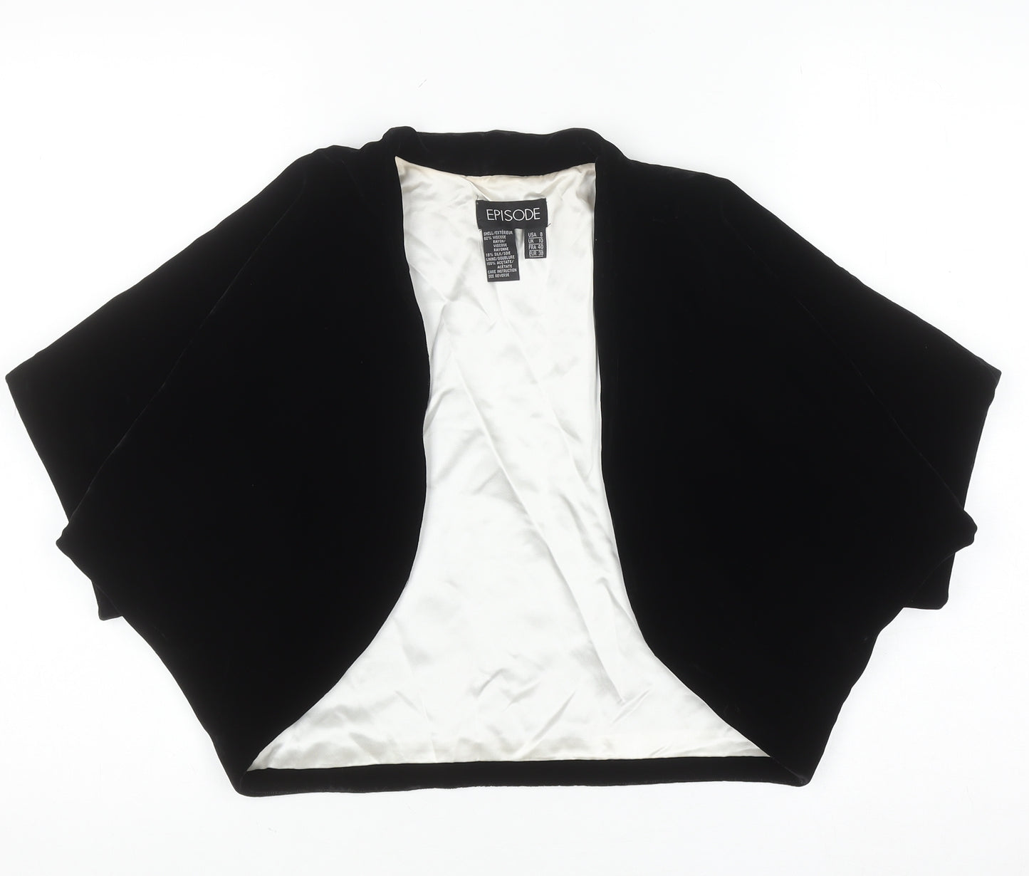 Episode Women's Black Velvet Shrug Size 10 Silk Blend Lined Formal