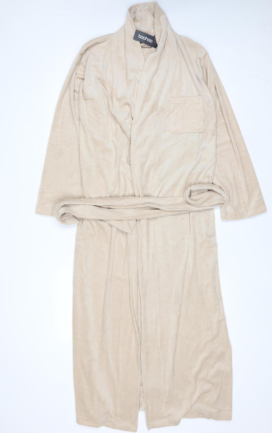 Boohoo Women's Beige Velour Belted Long Sleeve Robe M