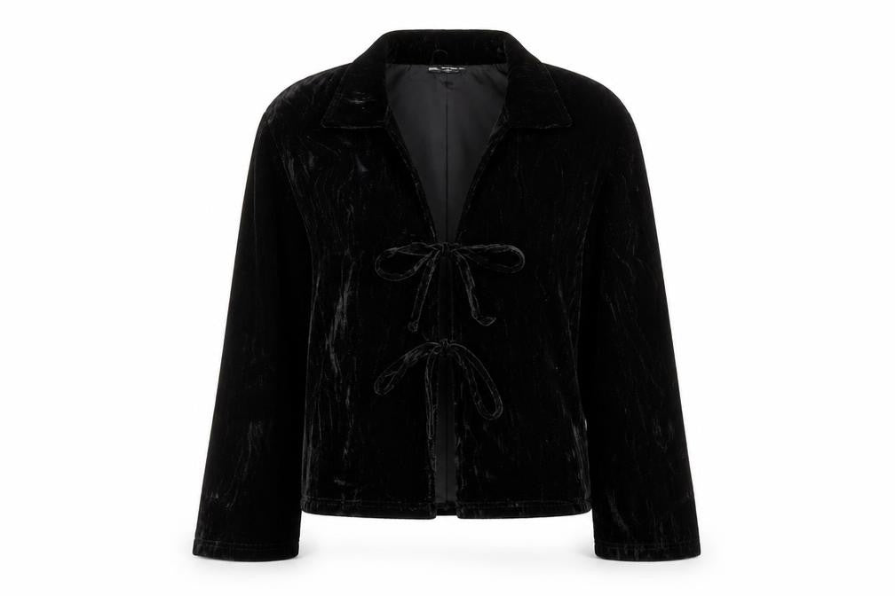 Front view of Threadbare Women’s Black Velvet Collared Long Sleeve Cardigan, size UK 12