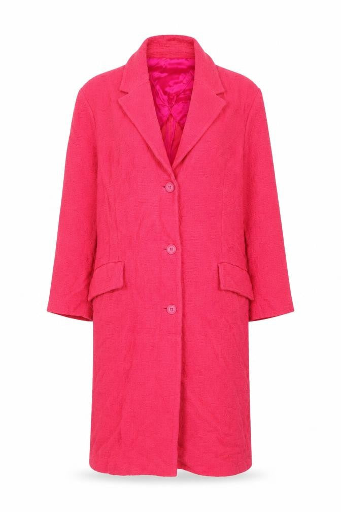 Front view of Zara Women Pink Long Tweed Overcoat, size 14, Buttoned Lined