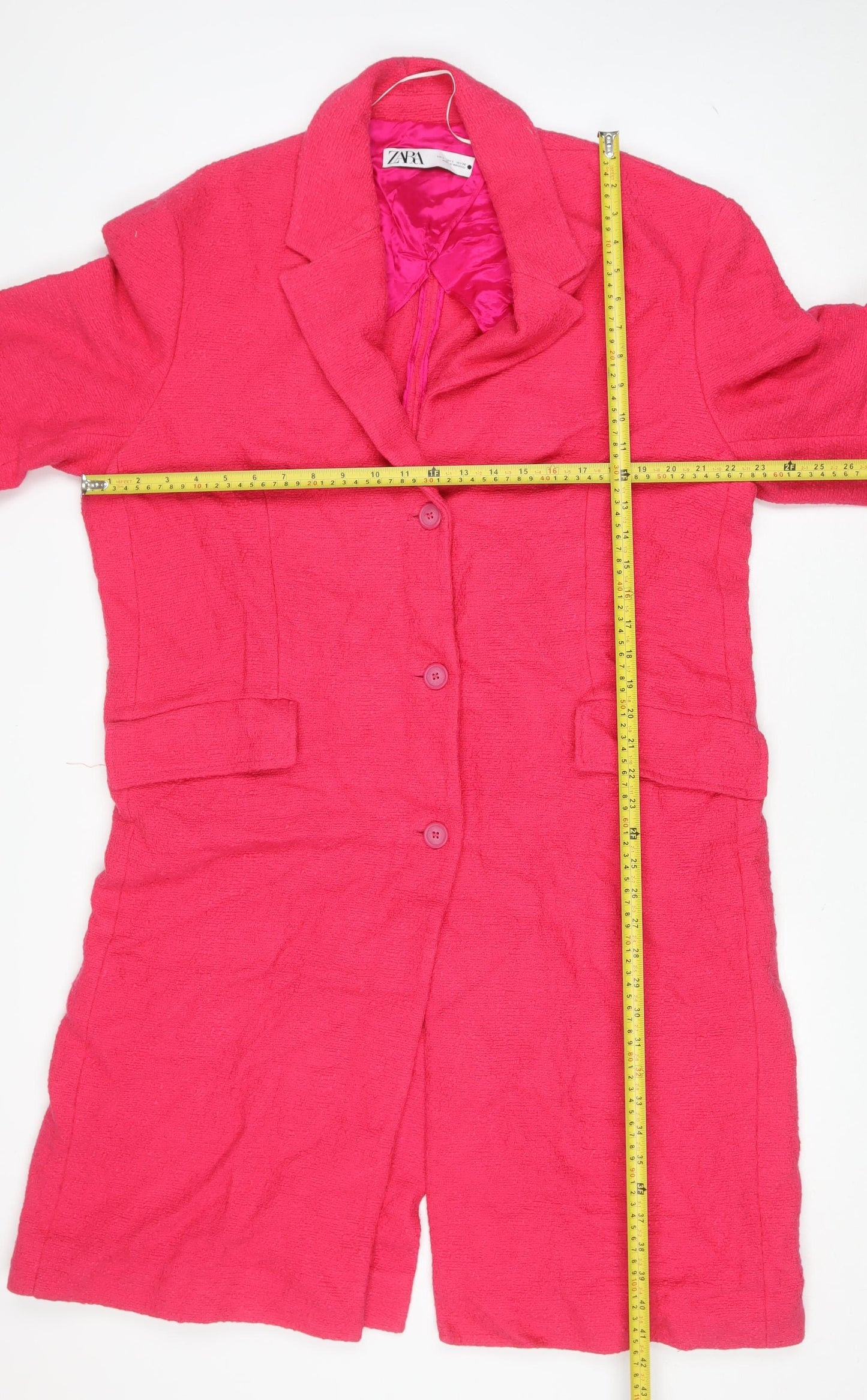 Zara Women Pink Long Tweed Overcoat Size 14 Buttoned Lined