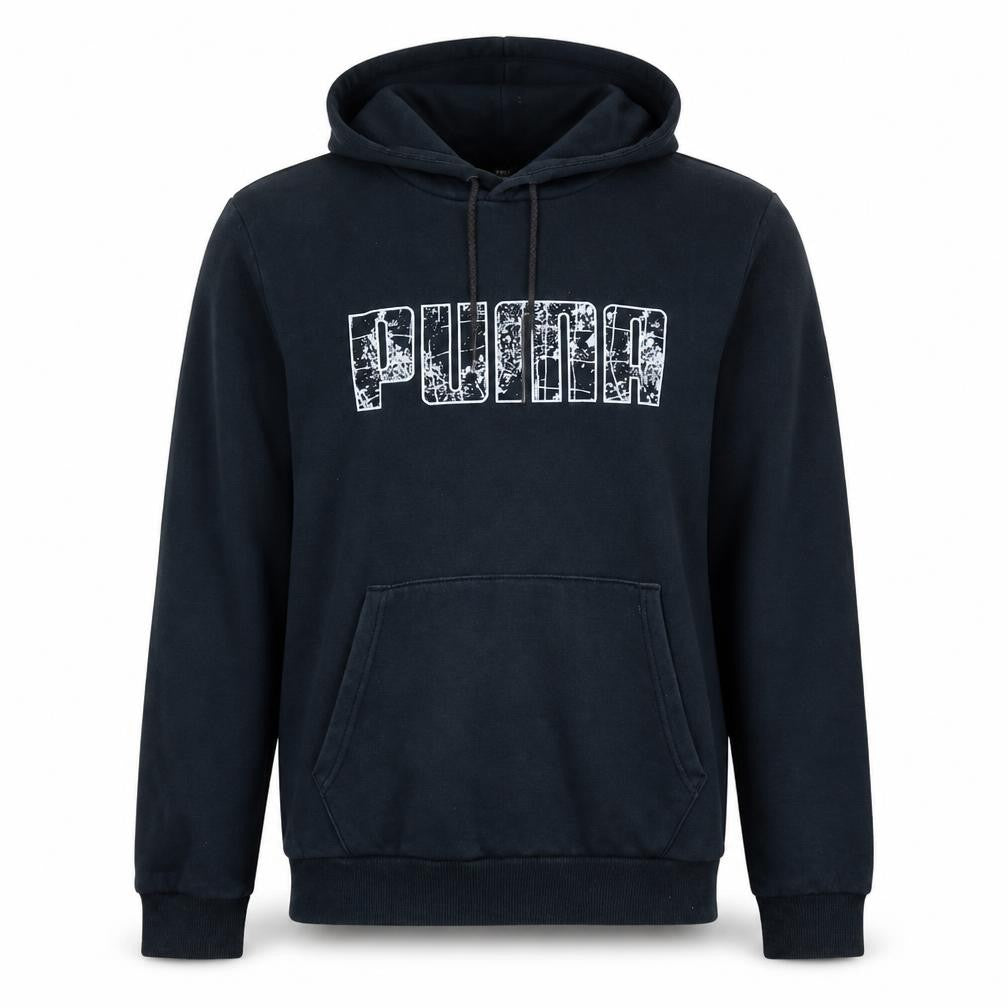 Front view of Puma Men's Black Pullover Hoodie Small Graphic Print Hoodie