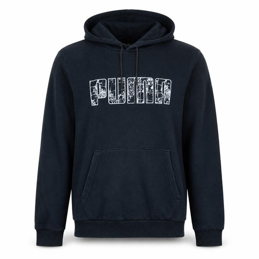 Front view of Puma Men's Black Pullover Hoodie Small Graphic Print Hoodie