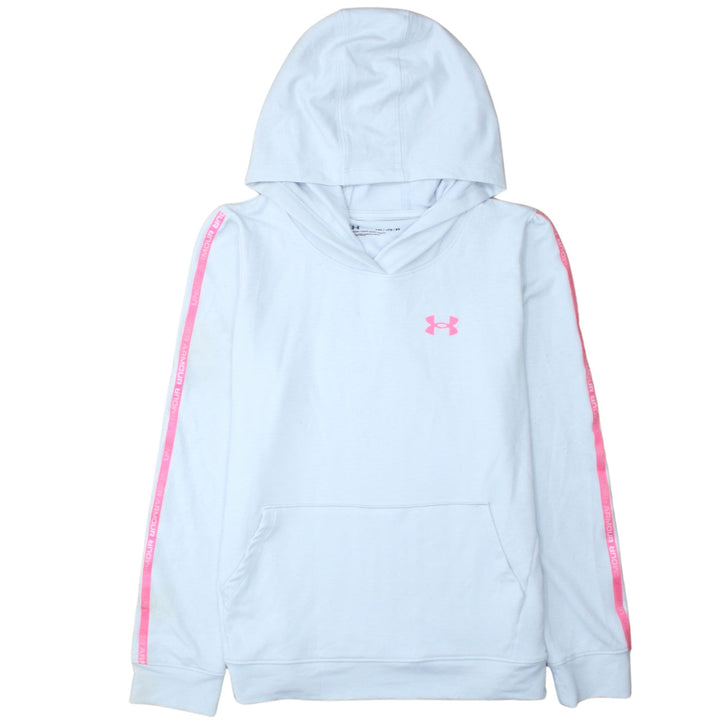 Under Armour Girls Light Blue Pink Logo Hooded Pullover Sweatshirt YXL