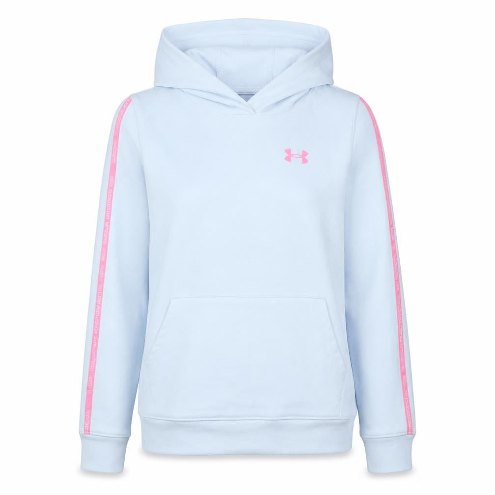 Front view of Under Armour girls’ light blue pink logo hooded pullover sweatshirt yxl