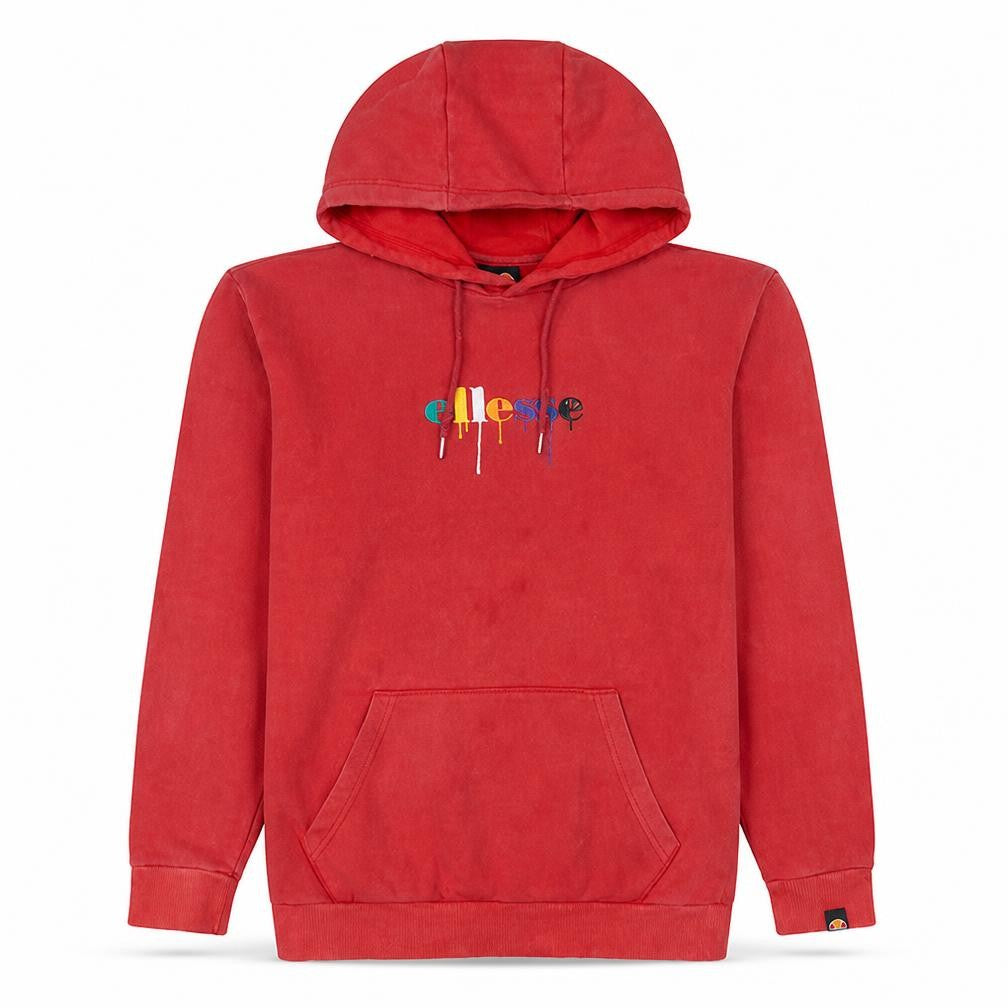 Front view of Ellesse Men's Red Pullover Hoodie M Retro Logo Fleece Sweatshirt