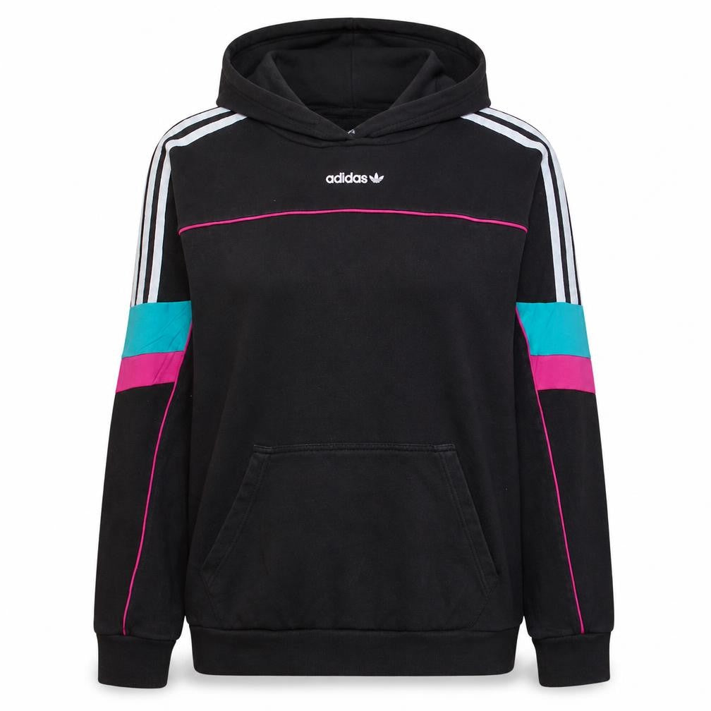 Front view of Adidas Women Black Multicoloured Hoodie, size 8, Pullover Logo Hooded